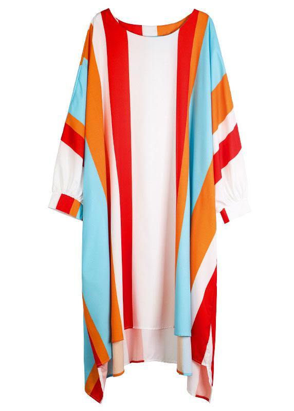 Women Red Striped O-Neck Asymmetrical Design Summer Long Dress Sleeve - bagstylebliss