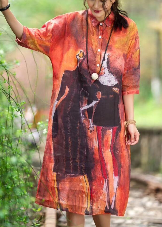 Women Red Summer Casual Organic linen Robes Korea Cute Printed Dress - bagstylebliss