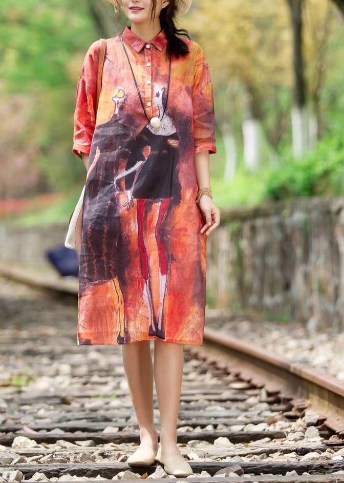 Women Red Summer Casual Organic linen Robes Korea Cute Printed Dress - bagstylebliss