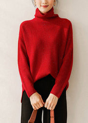 Women Red Turtleneck Cozy Knit Sweaters Long Sleeve