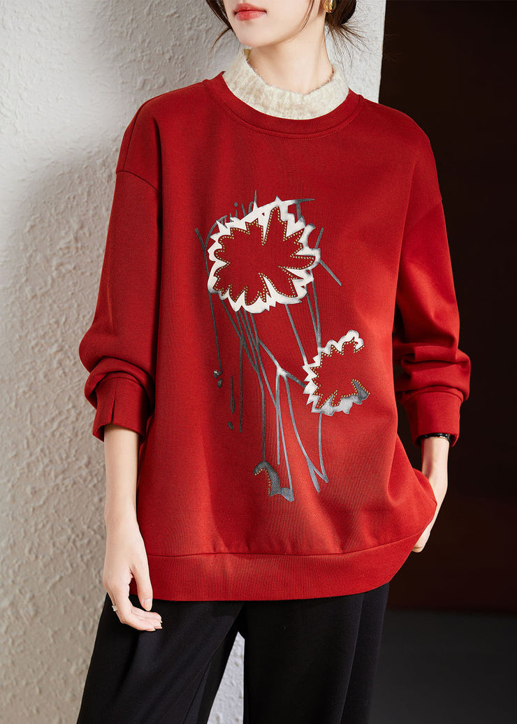 Women Red Turtleneck Patchwork Print Fake Two Pieces Fleece Sweatshirt Winter