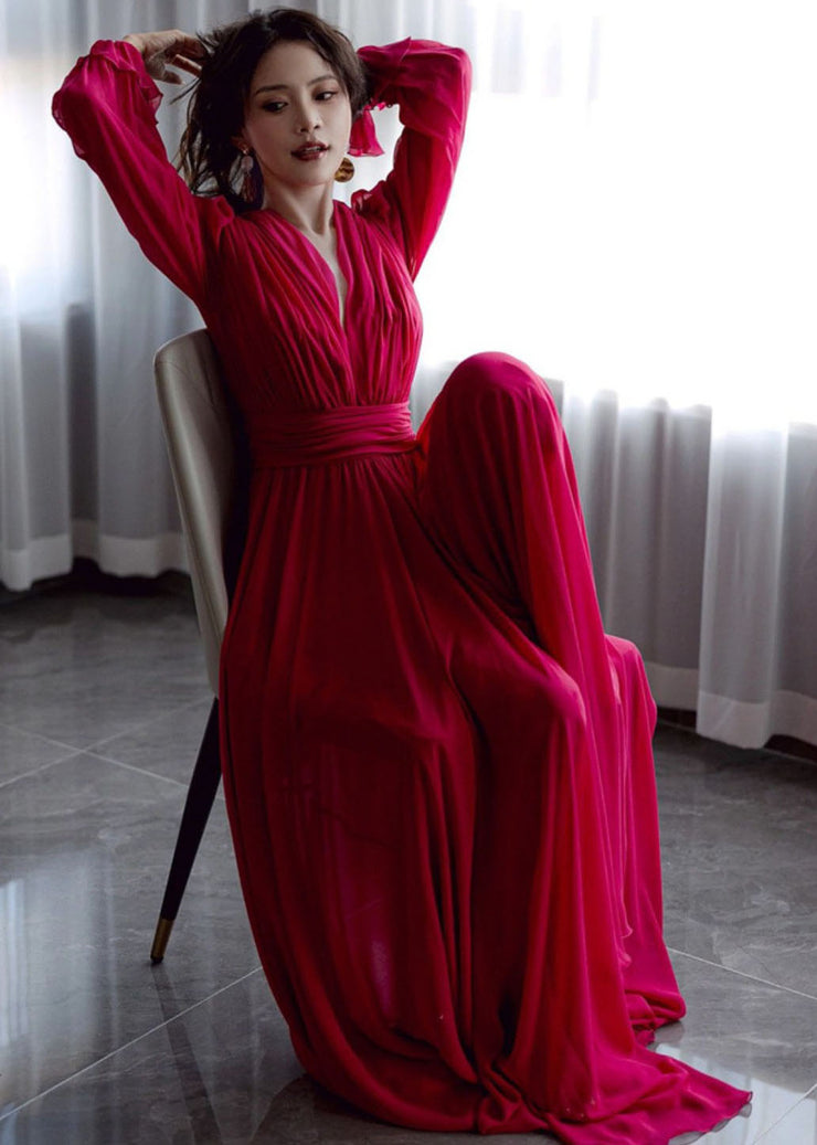 Women Red V Neck Patchwork Slim Silk Maxi Dresses Fall