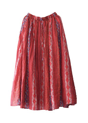 Women Red elastic waist pocket print Linen Beach Skirt Spring