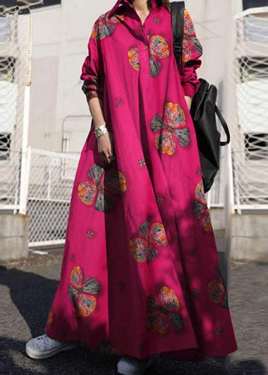 Women Retro Floral Print Lapel Bohemian Loose Long Sleeve Maxi Shirt Dress With Pocket