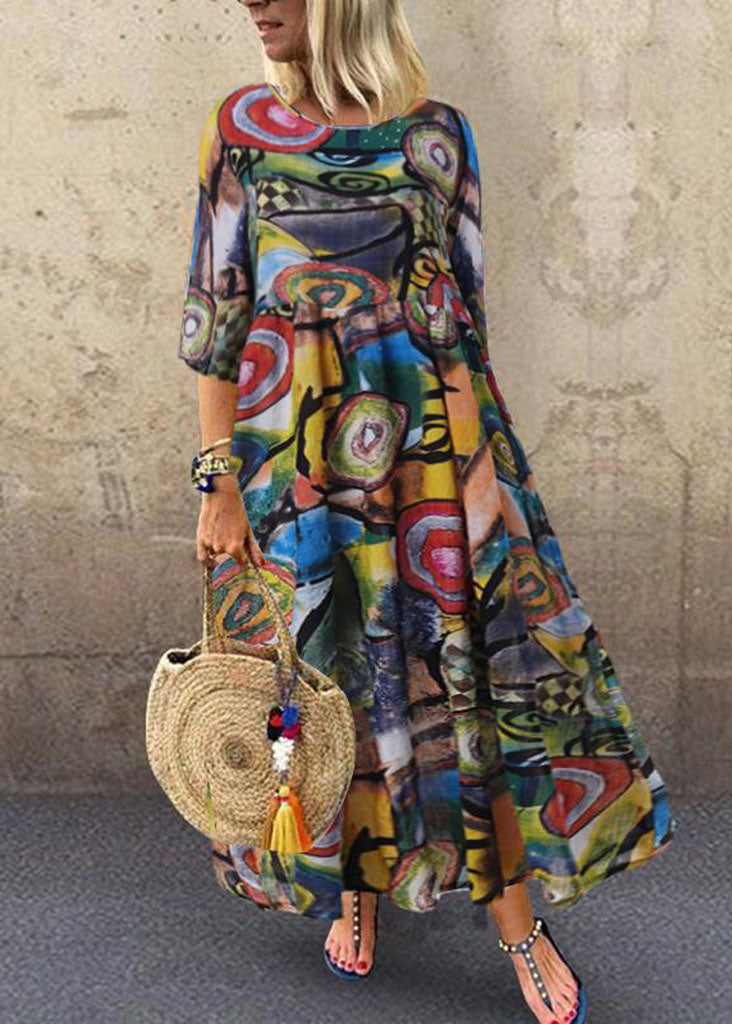 Women Retro Graffiti Print Round Neck Pleated Casual Maxi Dresses