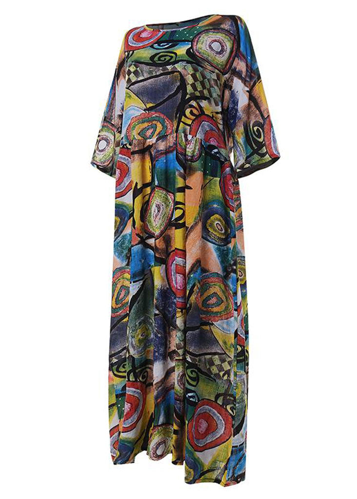 Women Retro Graffiti Print Round Neck Pleated Casual Maxi Dresses