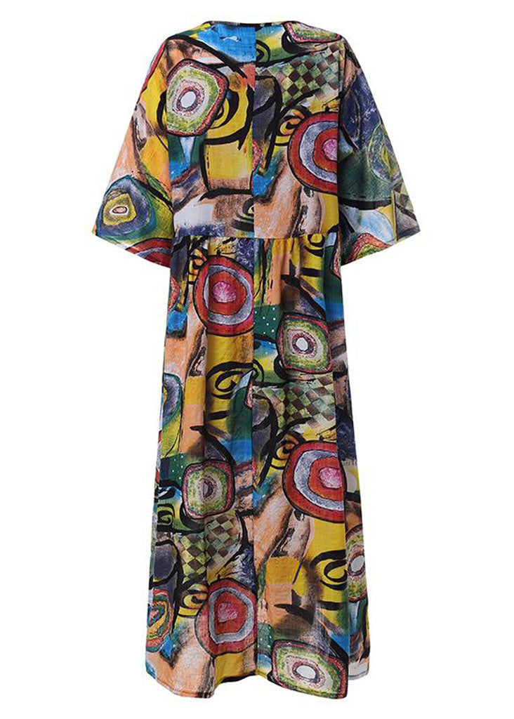 Women Retro Graffiti Print Round Neck Pleated Casual Maxi Dresses