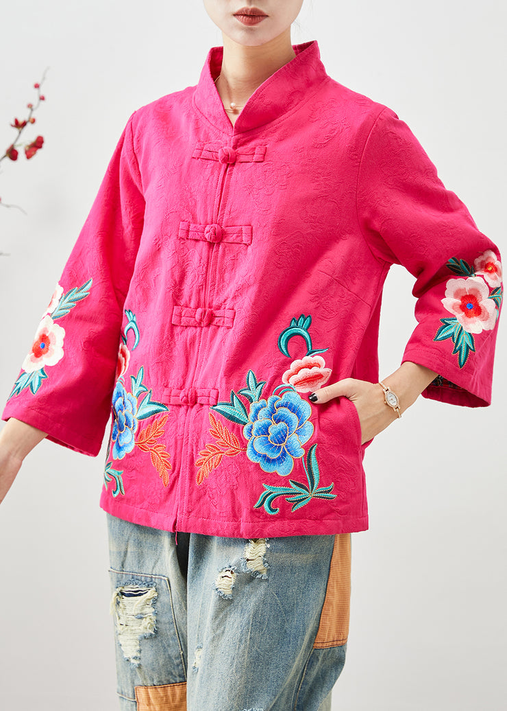 Women Rose Embroidered Jacquard Chinese Button Cotton Jackets Fall