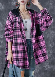 Women Rose Hooded Patchwork Plaid Cotton Coat Fall