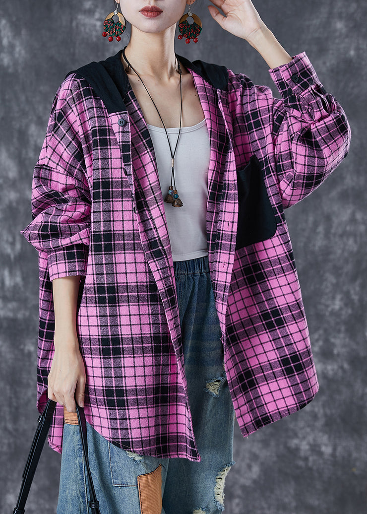 Women Rose Hooded Patchwork Plaid Cotton Coat Fall