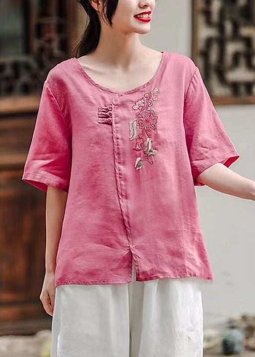 Women Rose O-Neck Side Open Patchwork Cotton T Shirt Summer