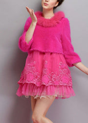 Women Rose O-Neck Tulle Patchwork Winter Long sweaters Dress