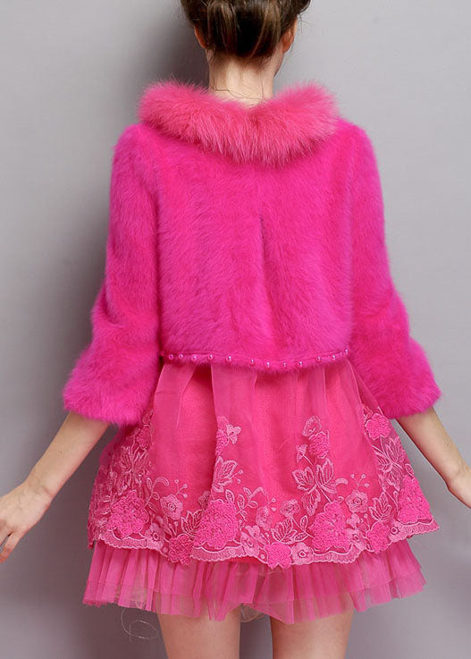 Women Rose O-Neck Tulle Patchwork Winter Long sweaters Dress