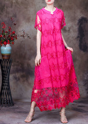 Women Rose Stand Collar Embroideried Hollow Out Tulle Vacation Long Dress Short Sleeve