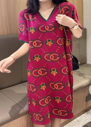 Women Rose V Neck Print Knit Dress Short Sleeve