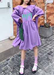 Women Ruffled Batwing Sleeve dress purple Letter Dresses - bagstylebliss