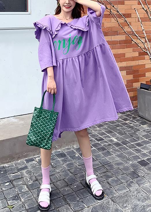 Women Ruffled Batwing Sleeve dress purple Letter Dresses - bagstylebliss