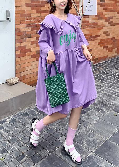 Women Ruffled Batwing Sleeve dress purple Letter Dresses - bagstylebliss