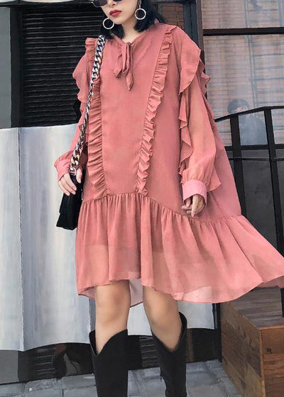 Women Ruffles long sleeve spring pink Dress - bagstylebliss