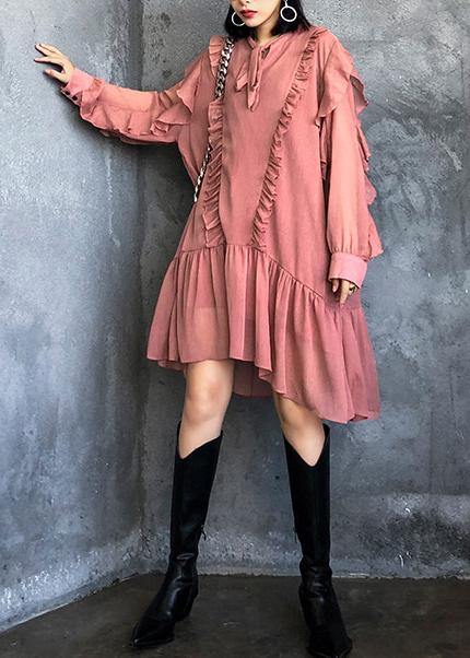 Women Ruffles long sleeve spring pink Dress - bagstylebliss