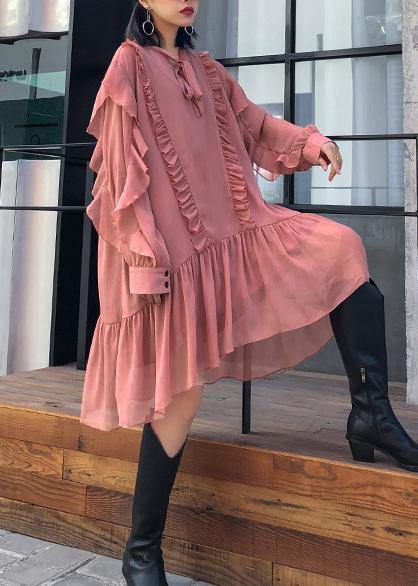 Women Ruffles long sleeve spring pink Dress - bagstylebliss