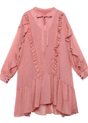 Women Ruffles long sleeve spring pink Dress - bagstylebliss