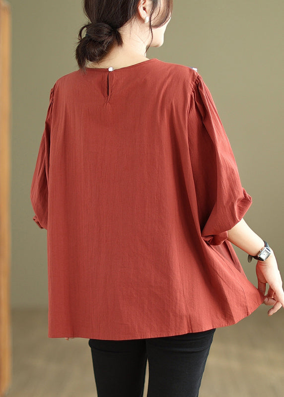 Women Rust Embroidered Patchwork Cotton Top Fall