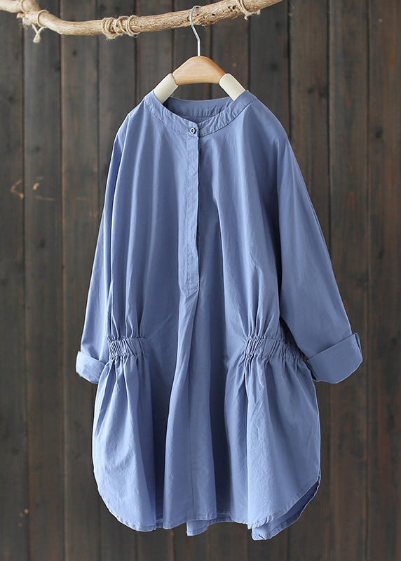 Damen Sky Blue Stehkragen Cinched Shirt Tops Langarm