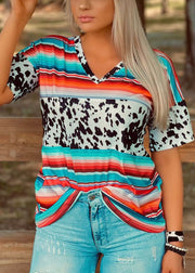 Women Sky Blue V Neck Patchwork Leopard Striped Print Tank Tops Short Sleeve