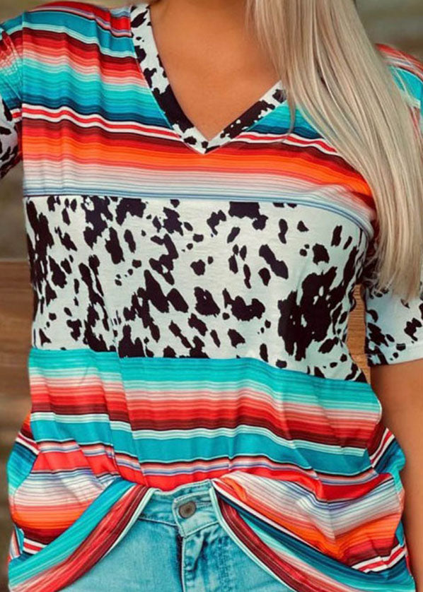 Women Sky Blue V Neck Patchwork Leopard Striped Print Tank Tops Short Sleeve