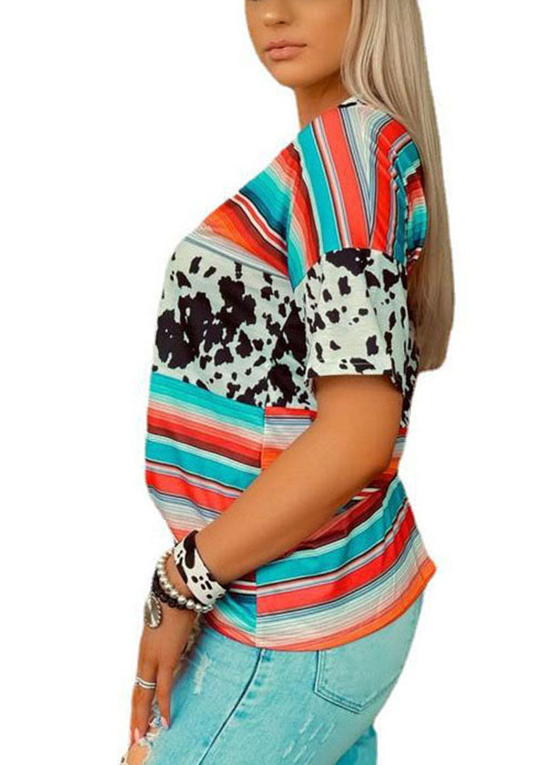 Women Sky Blue V Neck Patchwork Leopard Striped Print Tank Tops Short Sleeve