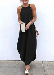 Women Sleeveless Straps High Low Hem Solid Causal Maxi Dress