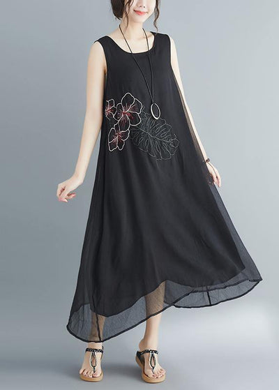 Women Sleeveless embroidery cotton blended dresses Boho Runway black long Dress Summer - bagstylebliss