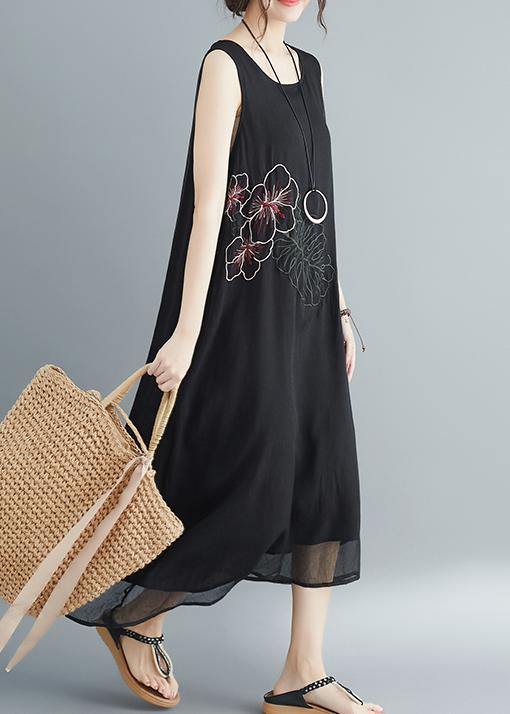 Women Sleeveless embroidery cotton blended dresses Boho Runway black long Dress Summer - bagstylebliss