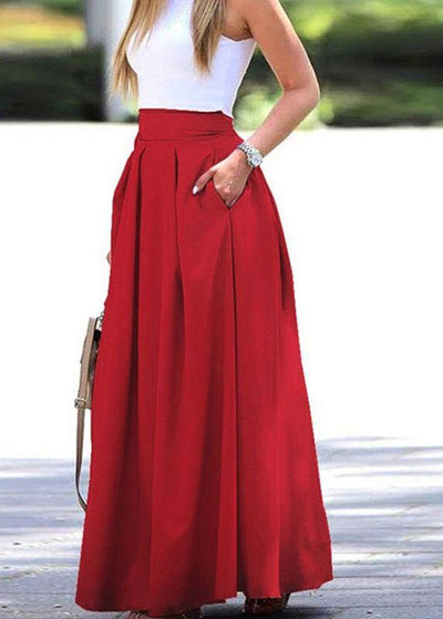 Women Solid Color High Waist Big Swing Zipper Casual Loose Long Skirt With Pocket - bagstylebliss