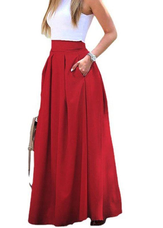 Women Solid Color High Waist Big Swing Zipper Casual Loose Long Skirt With Pocket - bagstylebliss