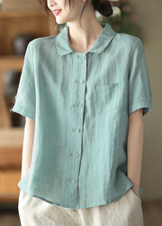 Women Solid Light Blue Double Breast Linen Shirt Tops Short Sleeve