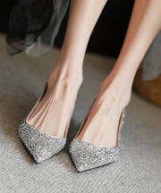 Women Splicing Pointed Toe High Heels Gold Faux Leather Sequins