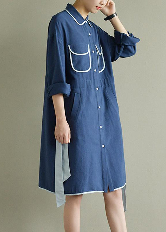 Women Spring Literary Lacing Splicing Shirt Midi Dress