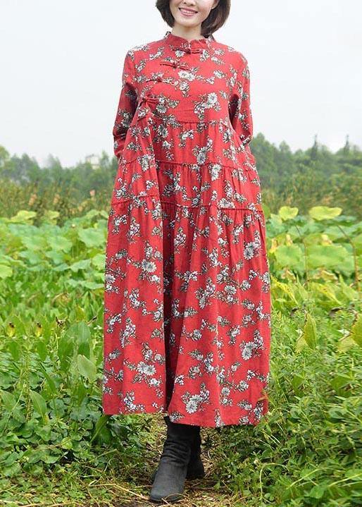 Women Stand Collar large hem Spring Clothes Red Print Long Dresses - bagstylebliss