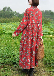 Women Stand Collar large hem Spring Clothes Red Print Long Dresses - bagstylebliss
