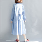 Women Striped Cotton Linen Dresses New 2024 Spring Loose Patchwork Ruffles Turn-down Collar Long Dresses