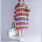 Women Striped Hooded Dresses Female Casual Loose Pullover Dress