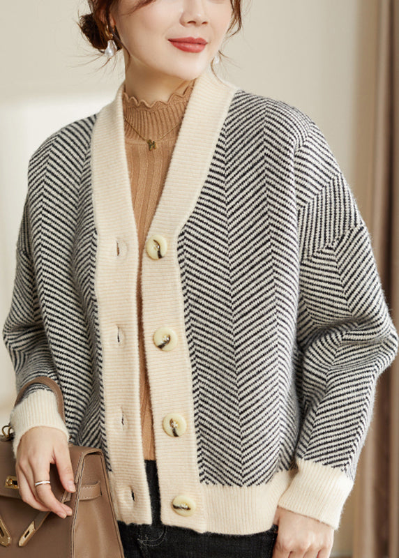 Women Striped V Neck Button Patchwork Knit Coats Fall