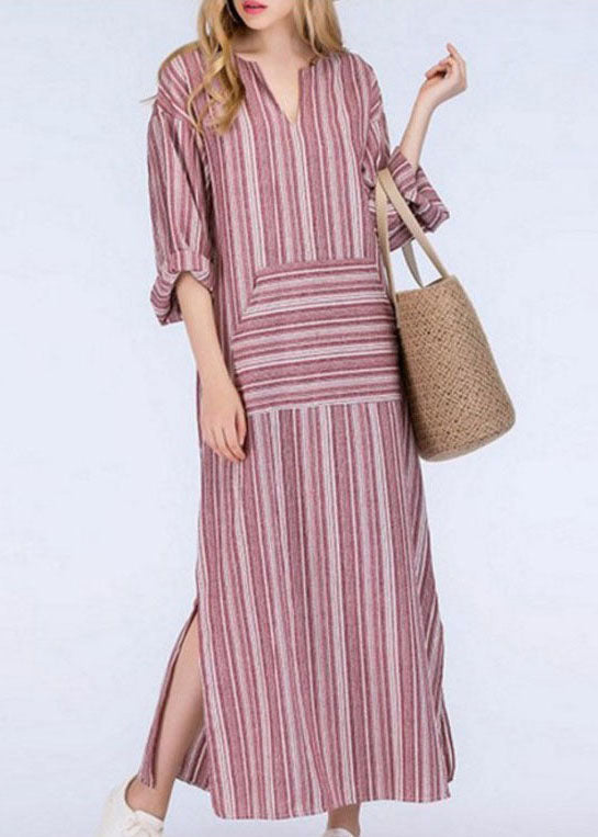 Women Striped V Neck Long Sleeve Casual Loose Maxi Dress