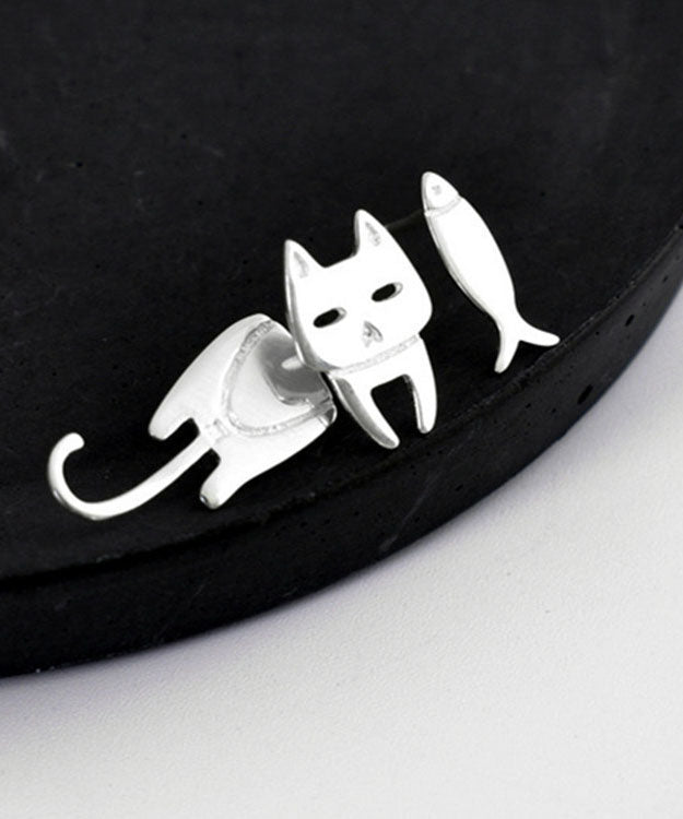 Women Stylish Cat and Fish Asymmetrical Design Metal Stud Earrings