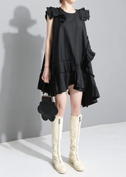 Women Summer Solid Black Sleeveless Pleated Ruffles Ladies Dress - bagstylebliss