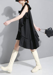 Women Summer Solid Black Sleeveless Pleated Ruffles Ladies Dress - bagstylebliss