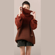 Women Sweater dress Beautiful high neck dark red oversized knitwear spring