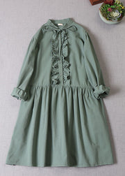 Women Tea Green Ruffled Button Cotton Dress Long Sleeve